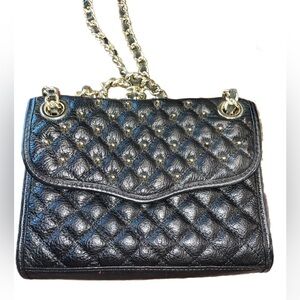 Rebecca Minkoff studded mini affair leather handbag black & gold chain strap P4